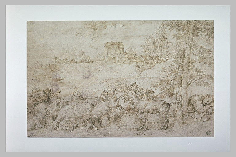 Paysage avec un berger endormi près de son troupeau, avec un village au loin