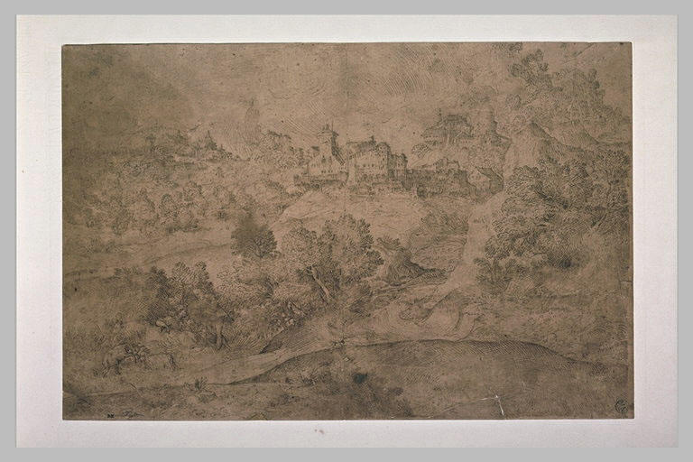 Vue d'un village et de deux figures conversant dans un paysage