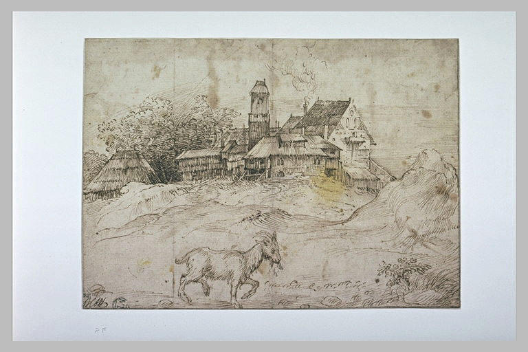 Paysage avec des bâtiments de ferme et une chèvre