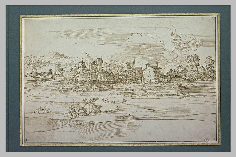 Ville sur les bords d'un estuaire, avec des personnages en barque