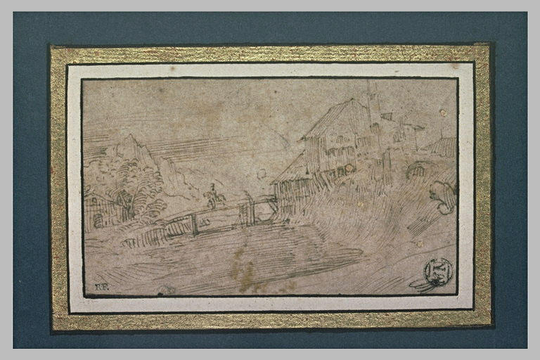 Paysage avec un cavalier passant un pont de bois