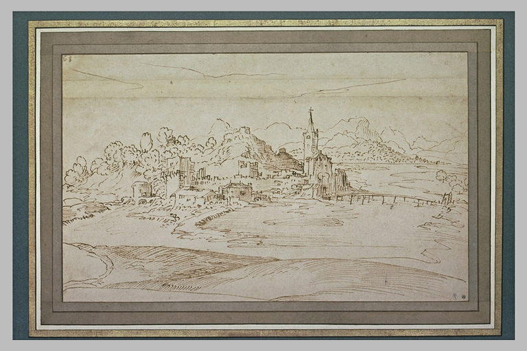 Paysage avec une ville au bord d'un fleuve