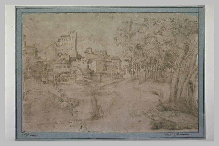 Ville au bord d'une rivière, avec la lisière d'un bois sur la droite