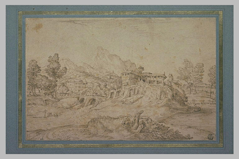 Paysage avec pont, fabrique et deux femmes occupées à laver dans la rivière