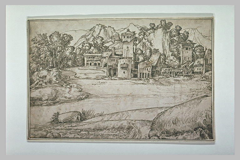 Paysage avec des bâtiments de ferme et un moulin près d'une rivière