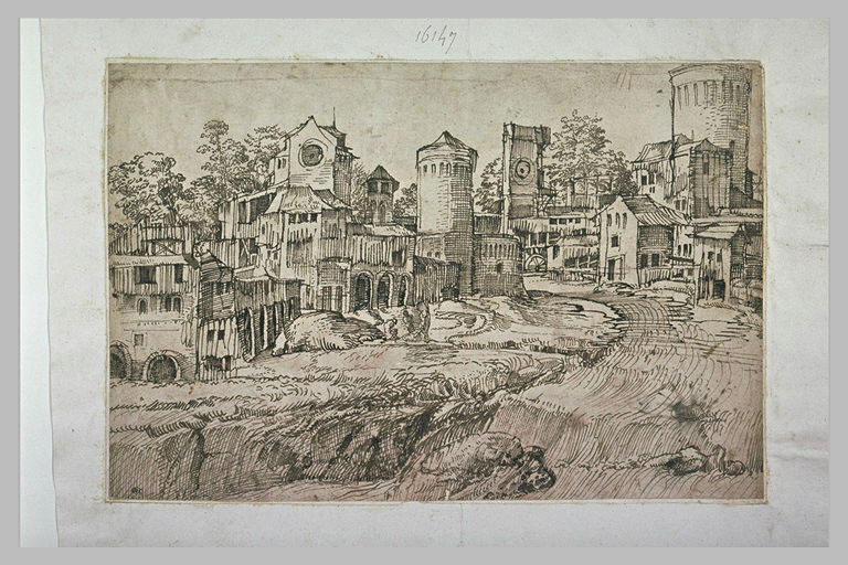 Vue d'une bourgade fortifiée traversée par un ru