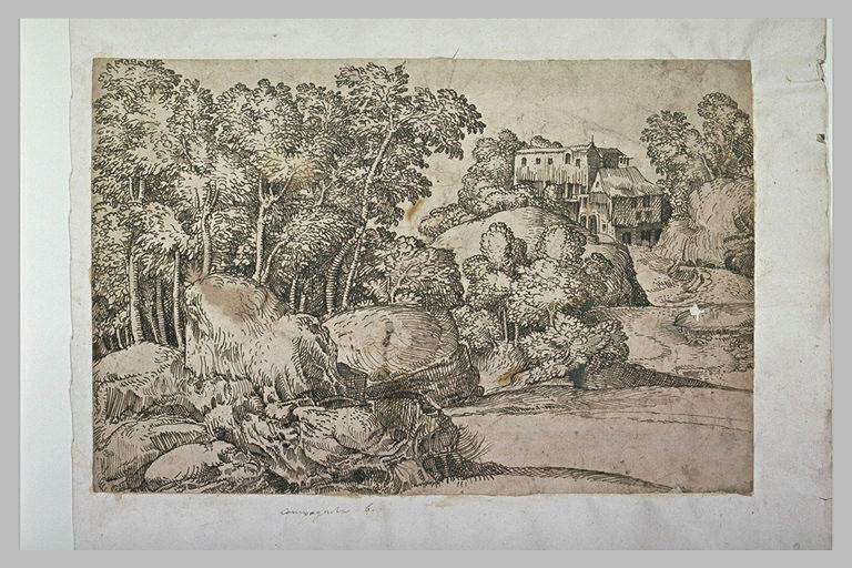 Paysage boisé avec une ferme fortifiée entourée d'arbres