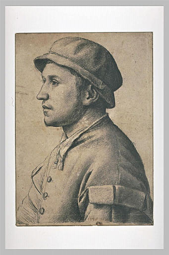 Buste de jeune homme, vu de profil, coiffé d'un bonnet