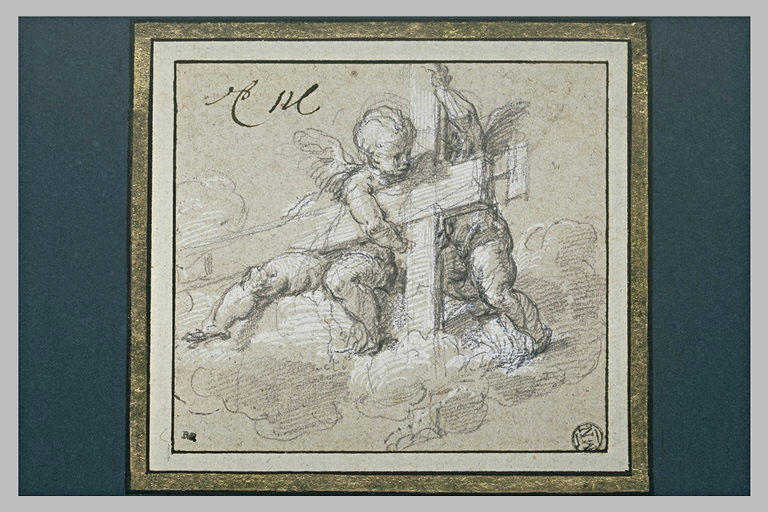 Deux angelots assis sur des nuées, portant la croix