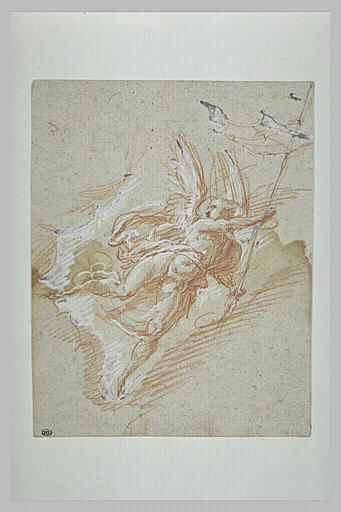 Un ange volant, portant un étendard