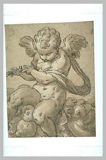Putto jouant de la flûte, assis sur une guirlande
