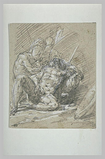 Guerrier nu, à demi allongé, mourant, veillé par une figure