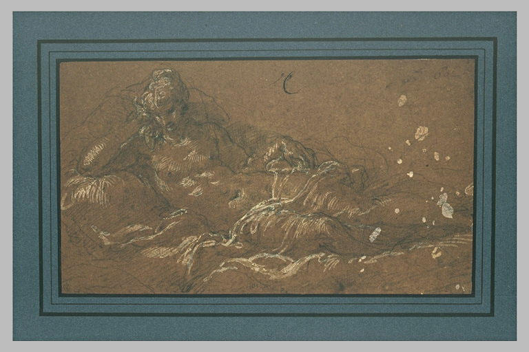 Femme demi nue, étendue, appuyée sur son bras droit