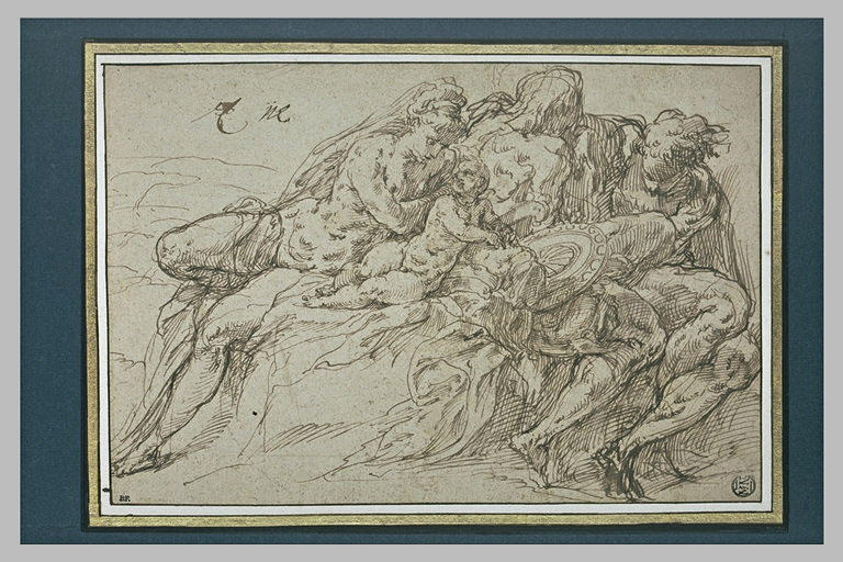 Quatre (ou trois ?) figures nues, et un enfant, assis sur un rocher