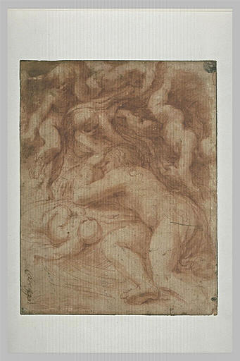 Une femme et un enfant endormis à terre, et des amours volant