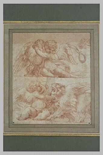 Enfant ailé assis, tenant un aigle ; enfant ailé, assis, tenant un lion ailé