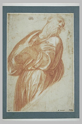 Demi figure de vieillard debout, drapé, les mains sur la poitrine