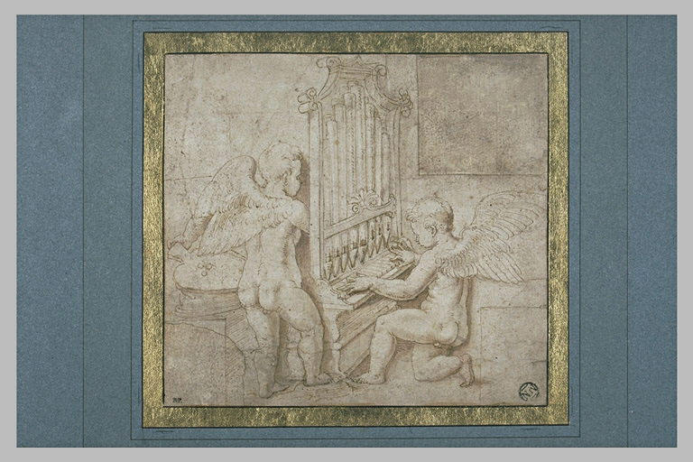 Un ange jouant de l'orgue et un autre appuyant sur un soufflet