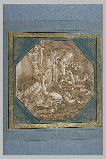 Jupiter sort de sa cuisse Bacchus et le remet à trois femmes