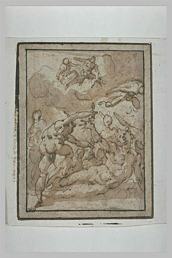 Plusieurs figures nues, dont une à terre : scène de meurtre (?)