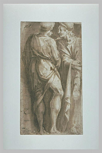 Deux figures debout, drapées, l'une vue de dos