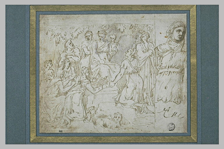 Figure sur un trône recevant des présents ; demi-figure de femme