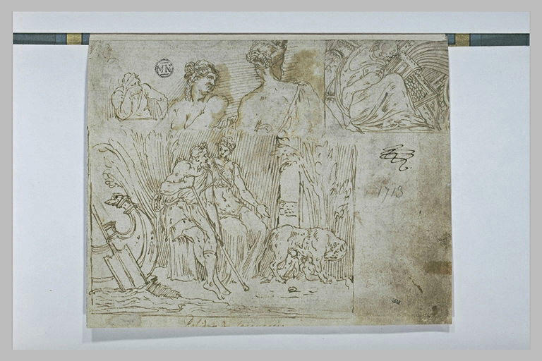 Trois figures en bustes ; Faustulus et une femme ; Romulus, Remus et la louve