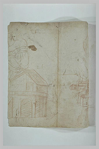 Figure assise deprofil, maison, groupe de maisons dans la montagne