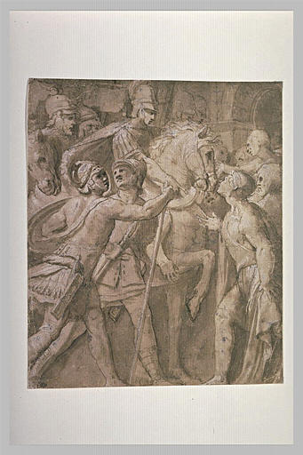 Suppliant s'adressant à un général à cheval, entouré de guerriers