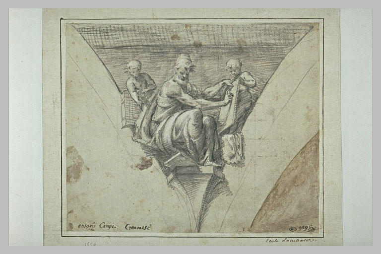 Un prophète assis et deux anges à ses côtés