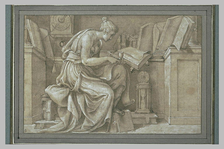 Femme assise, étudiant d'après des manuscrits : Allégorie de l'Histoire