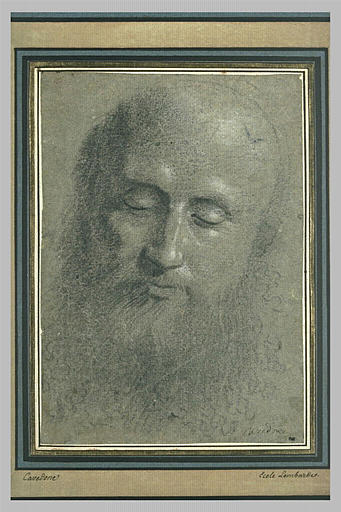 Tête de vieillard barbu et chauve, inclinée vers la droite, les yeux fermés