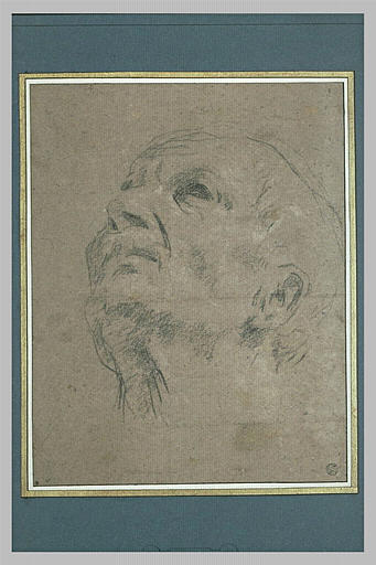 Tête de vieillard chauve, tournée vers la gauche, les yeux au ciel