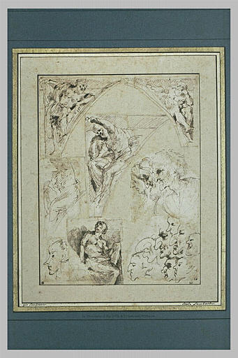 Feuille d'études de figures dans des écoinçons et de caricatures