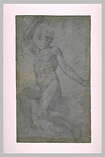 Jeune homme nu assis, brandissant une épée de la main droite, et une main