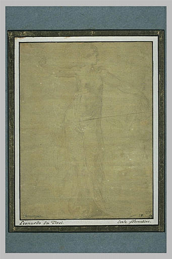 Femme debout, demi nue, les deux bras ouverts