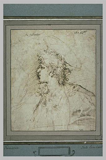 Buste de saint, vu de profil, tourné vers la gauche