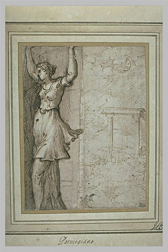 Une cariatide, et vue d'un temple au loin