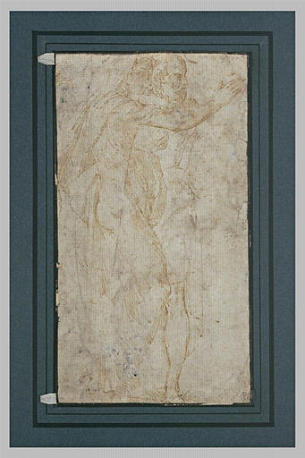 Deux figures debout de profil tournée à droite, l'une avançant le bras droit