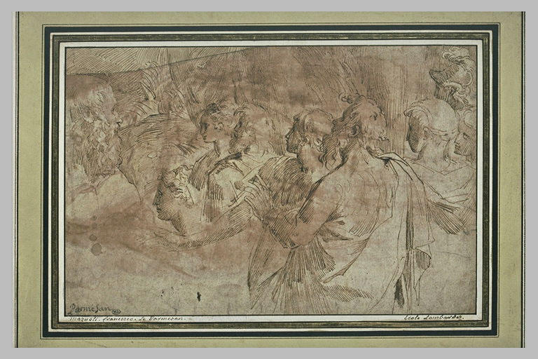 Groupe de sept figures, une tête de femme et une tête d'homme de profil