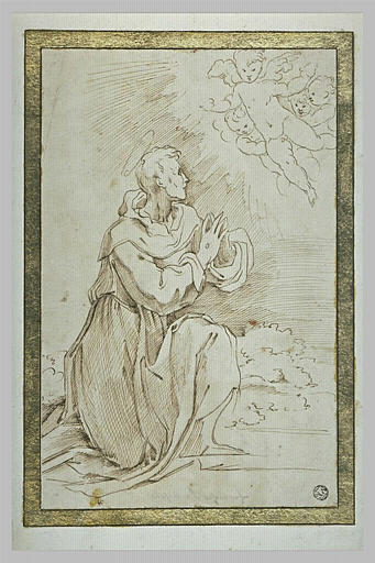 Saint François, un genou à terre, les yeux levés vers des anges