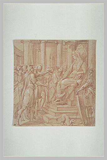 Groupe de guerriers et de figures debout auprès d'un trône