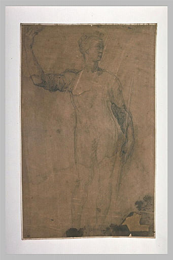 Femme debout, le bras droit levé, un bâton dans la main gauche