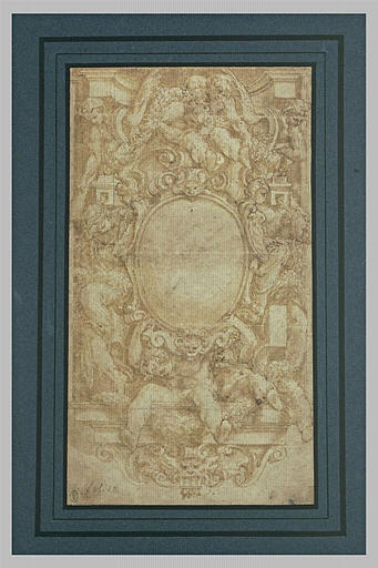 Projet décoratif pour un mur avec figures et ornements autour d'un écusson