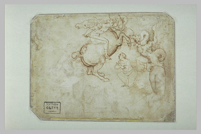 Femme nue agenouillée vue de dos ; deux hommes drapés tournés vers ...