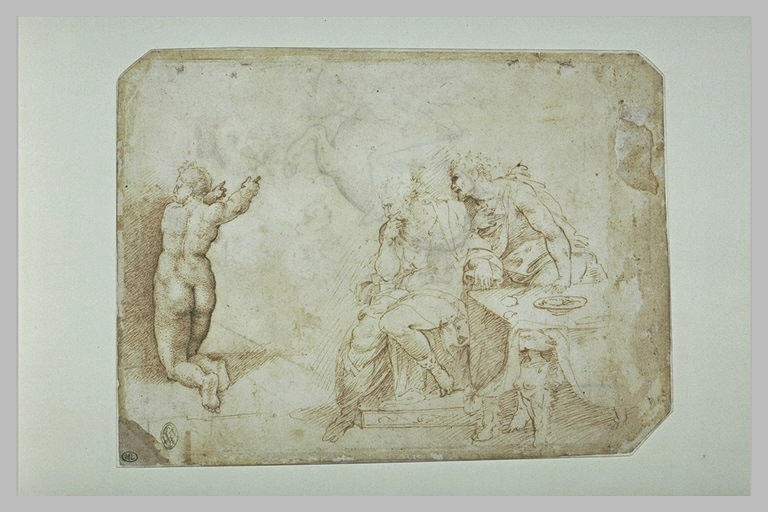 Cavalier armé luttant contre un dragon ; femme agenouillée