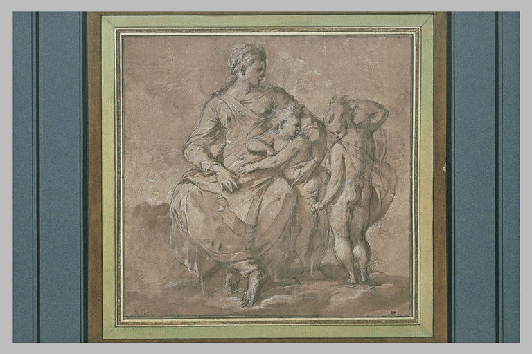 Une femme assise avec deux enfants debout à sa gauche : la Charité?