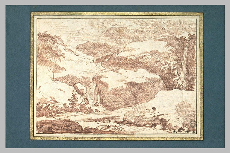 Etude de rochers : à droite, une chute d'eau