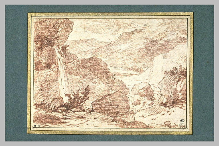 Etude de rochers et brousailles avec une chute d'eau, à gauche