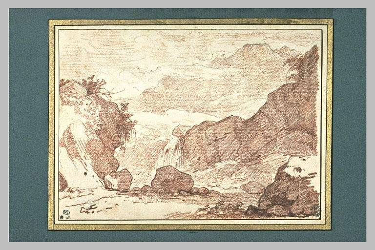 Etude de rochers avec une petite chute d'eau au milieu